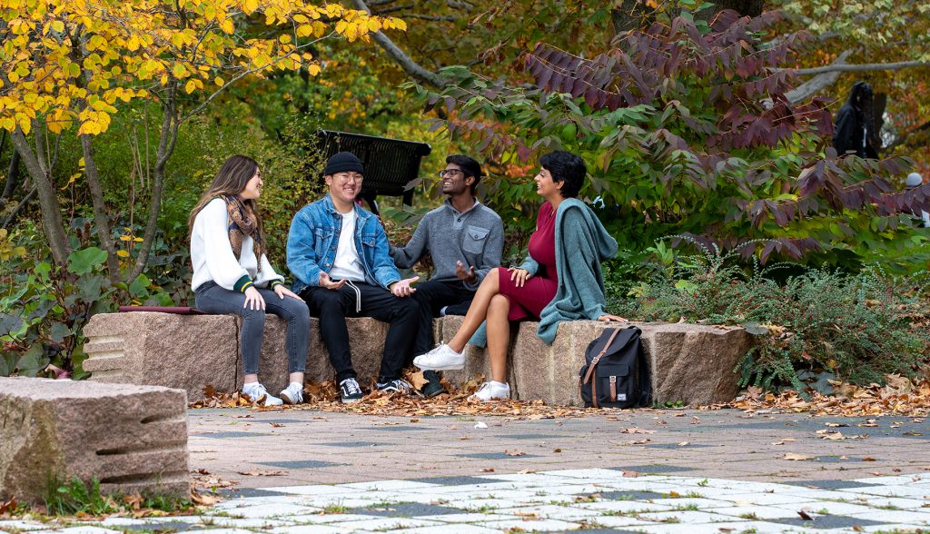 A group of students sitting on landscape rocks in a garden.