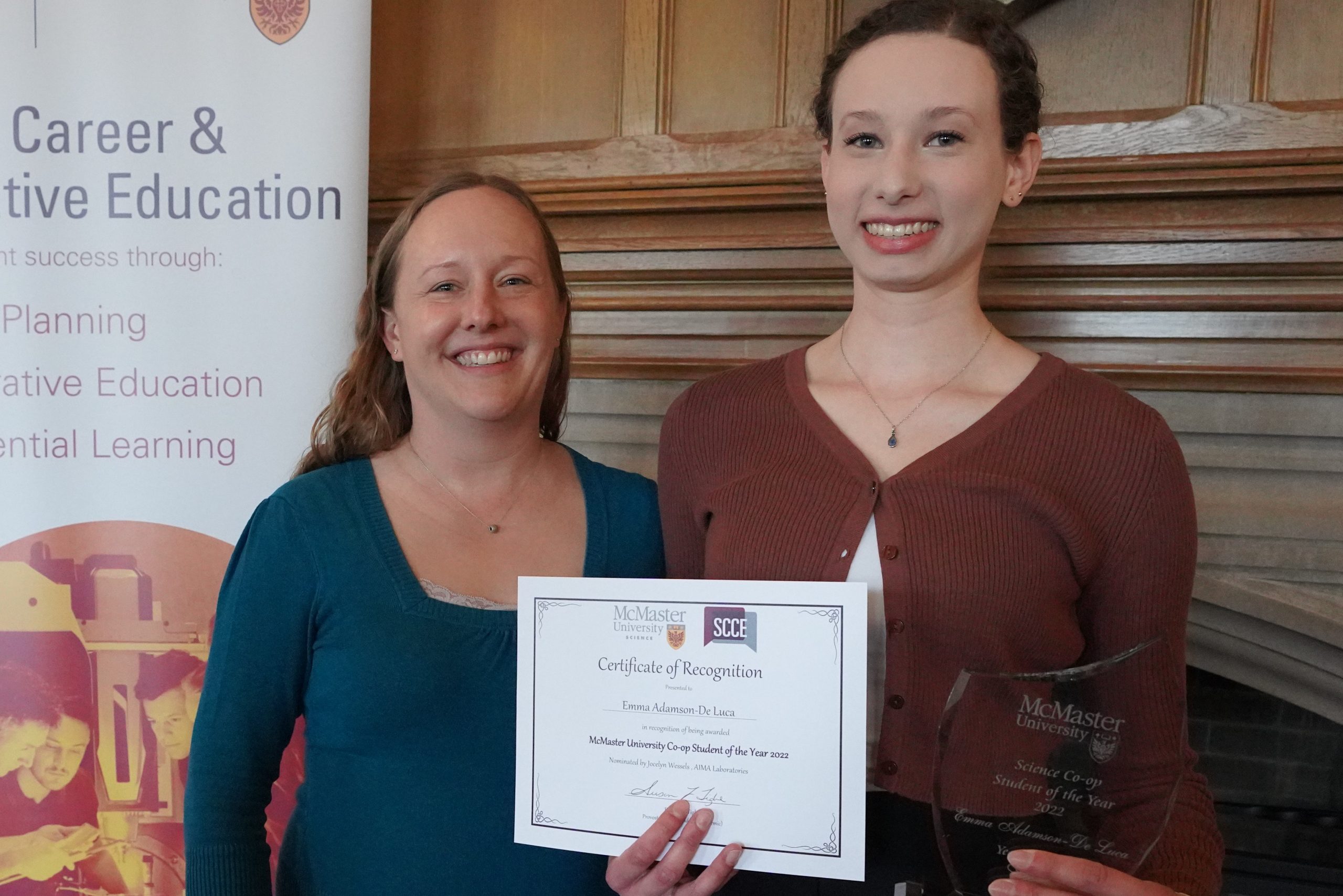AIMA co-founder Dr. Joceylyn Wessels celebrating with McMaster Co-op Student of the Year Emma Adamson-De Luca at the Science Career & Cooperative Education celebration.