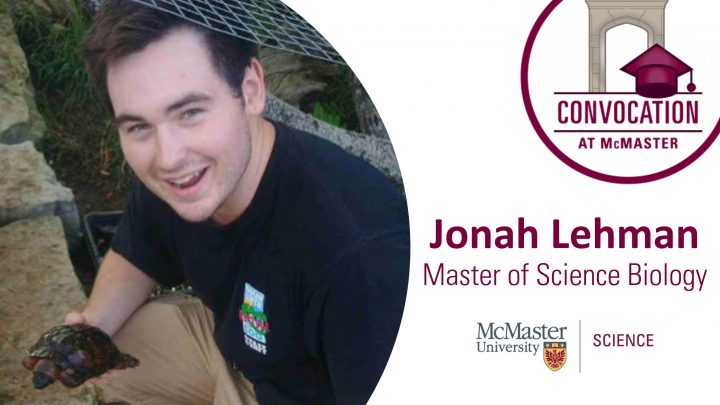Portrait of Jonah Lehman with the convocation logo and mcmaster science logo