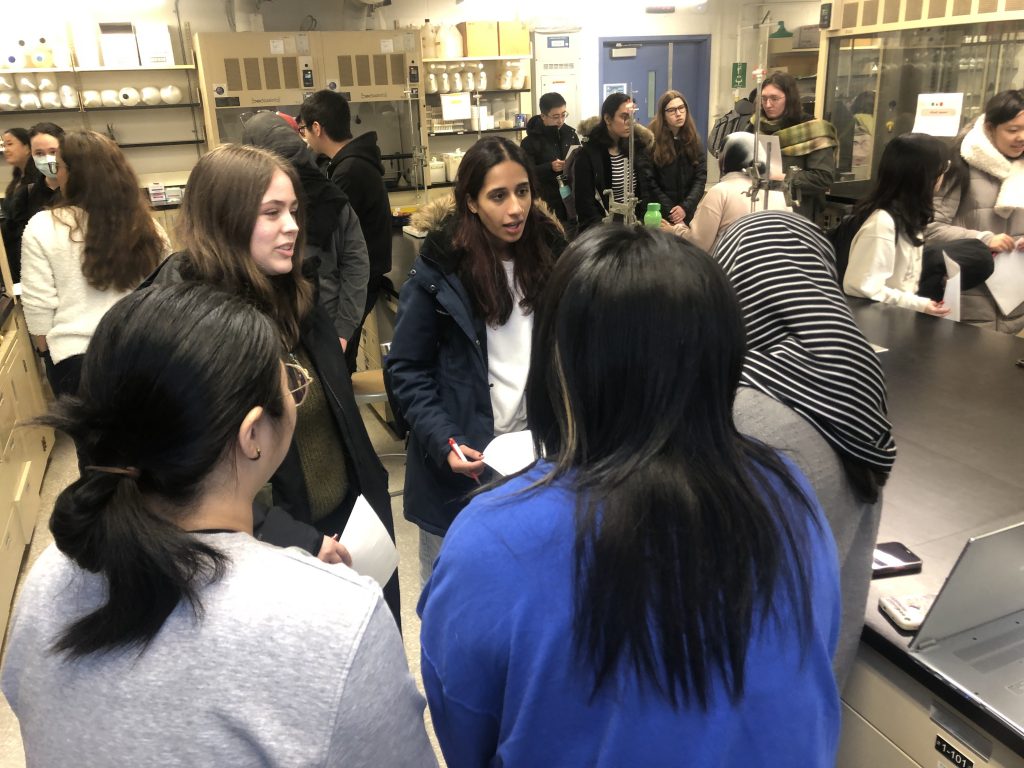 Second-year undergrads Alexandra Mancini and Sereena Sodhi meet with grad students to talk about research opportuntiies.