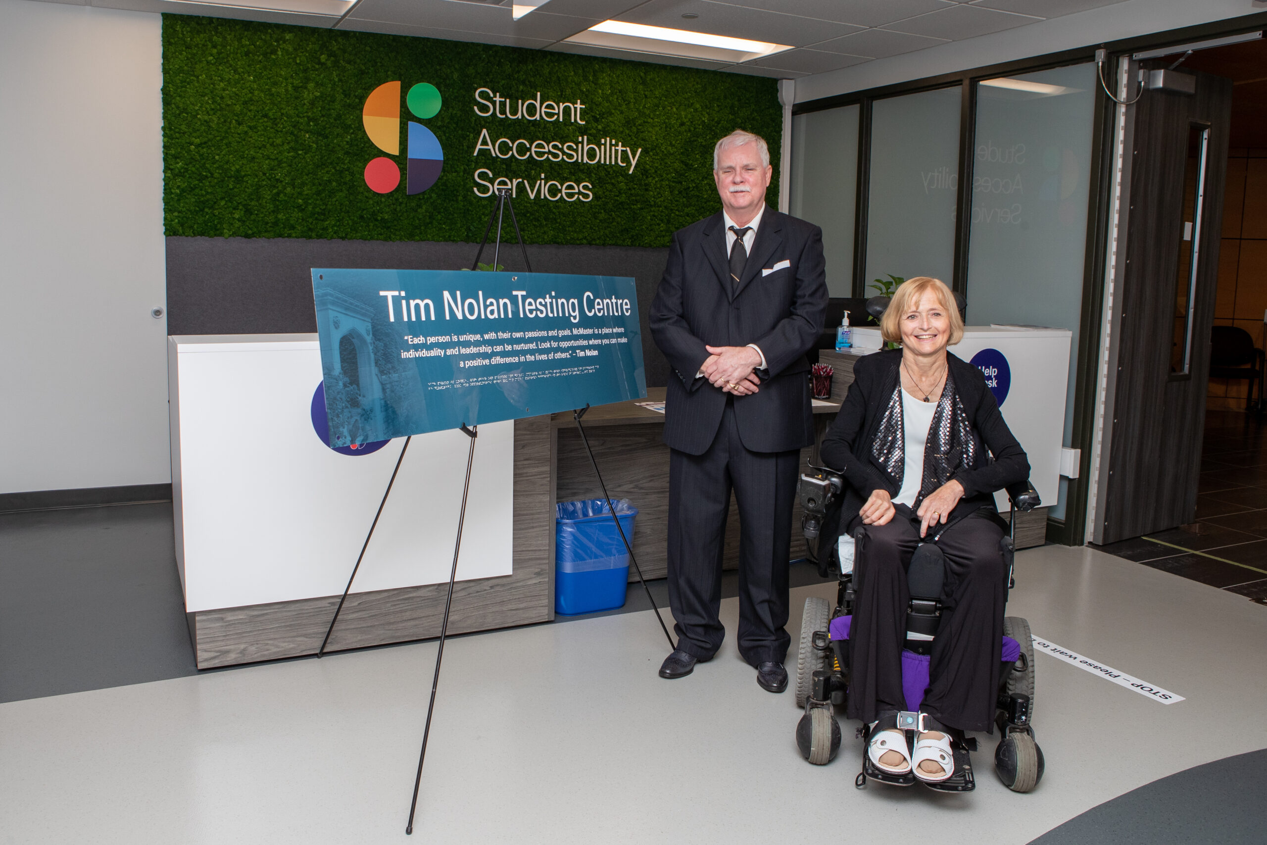 Tim Nolan, the former director of Student Accessibility Services (SAS) who worked at McMaster from 1988 until his retirement in 2020, alongside his wife and fellow accessibility advocate, Kim Nolan. In August 2022, the SAS testing centre was renamed the Tim Nolan Testing Centre in recognition of Nolan’s longstanding advocacy for accessibility and accommodation on campus.