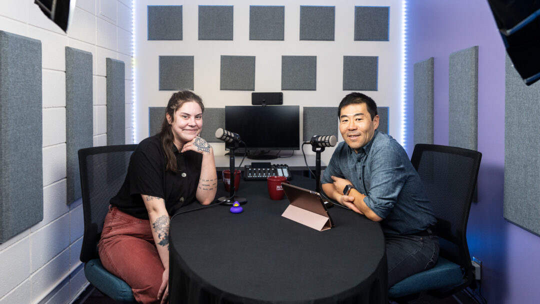 Emily Sherzinger with Joe Kim in the Lyons New Media podcast studio